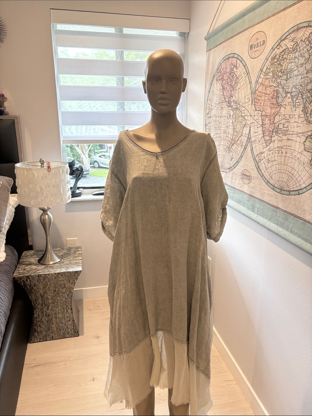 Relaxed V-Neck Midi Dress in Olive Beige